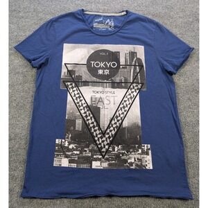 Mavi T-Shirt Tokyo Graphic Men's Size XL Blue Raw Hem